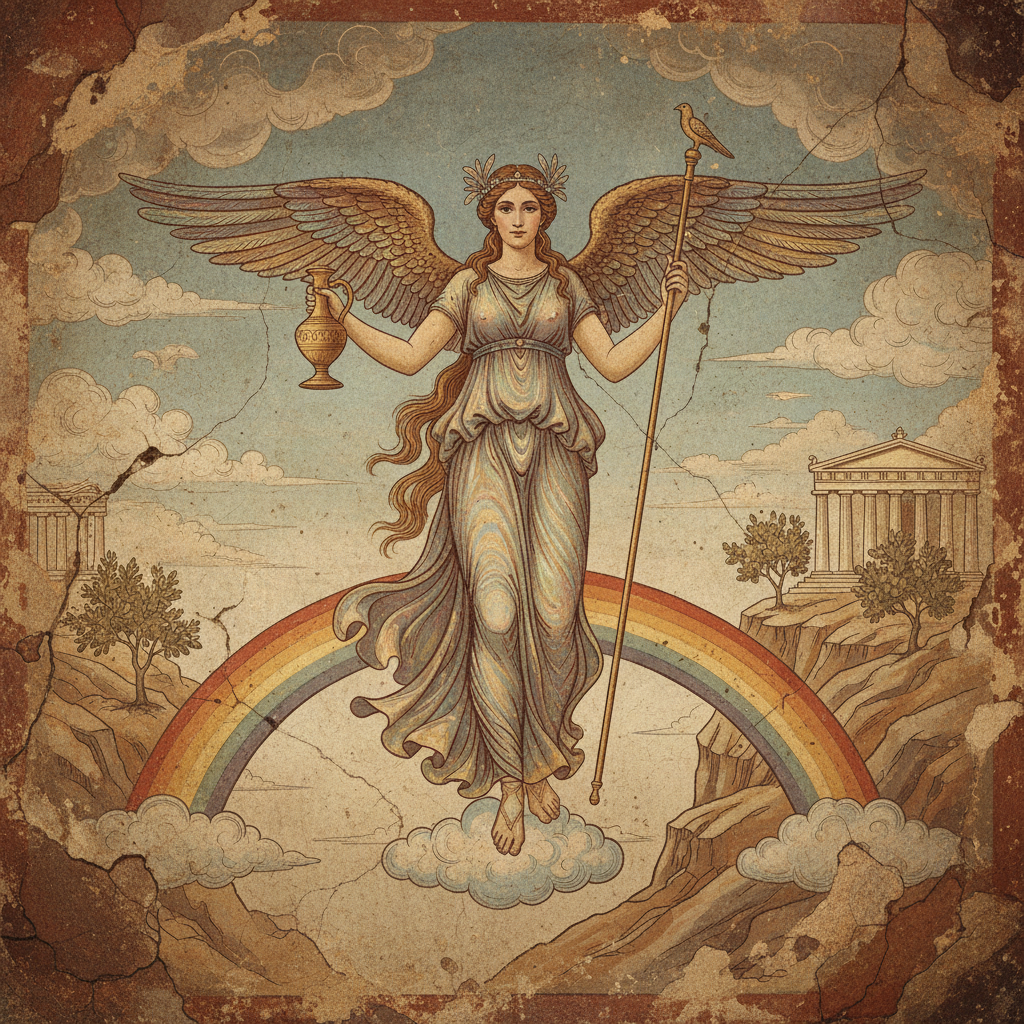 Iris - Greek Rainbow Goddess Illustration Iris the Greek rainbow goddess as a young winged woman in shimmering robes with golden ewer and herald's staff on a rainbow arc, fresco style