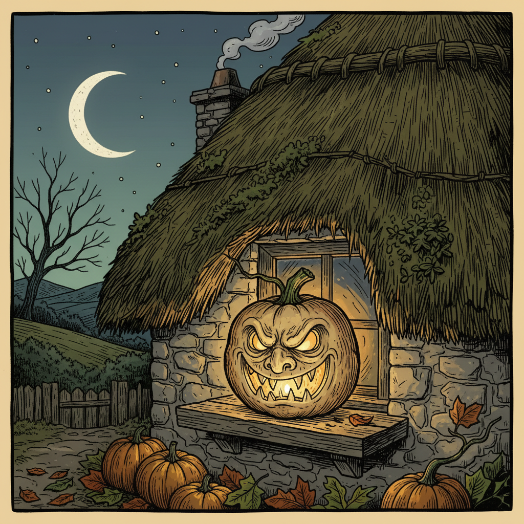 Traditional Irish Turnip Lantern A traditional carved Irish turnip Jack-o-Lantern glowing on a thatched cottage windowsill on Halloween night, woodcut style