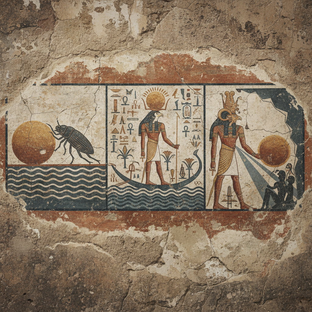 The three solar aspects of Egyptian theology: Khepri scarab morning, Ra falcon midday, Atum ram evening sun, fresco style