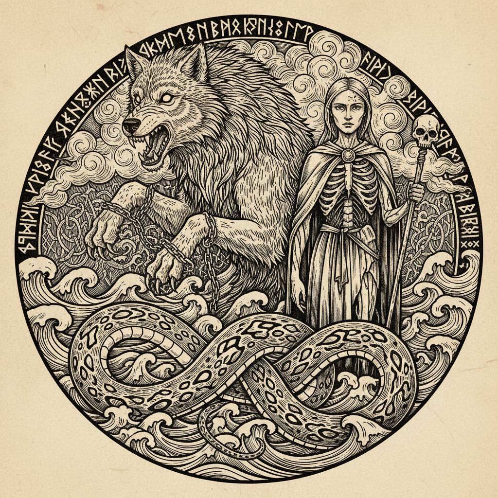 The Children of Loki - Norse Mythology The three monstrous children of Loki: Fenrir the wolf, Jormungandr the serpent, and Hel the half-dead goddess, woodcut style