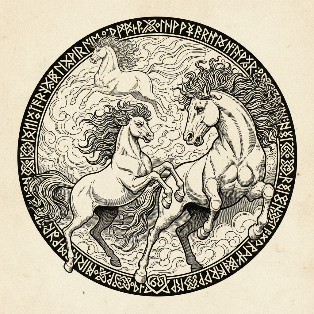 Loki and Sleipnir - Norse Mythology Loki transformed into a mare distracting a stallion with eight-legged Sleipnir suggested in mist, woodcut style