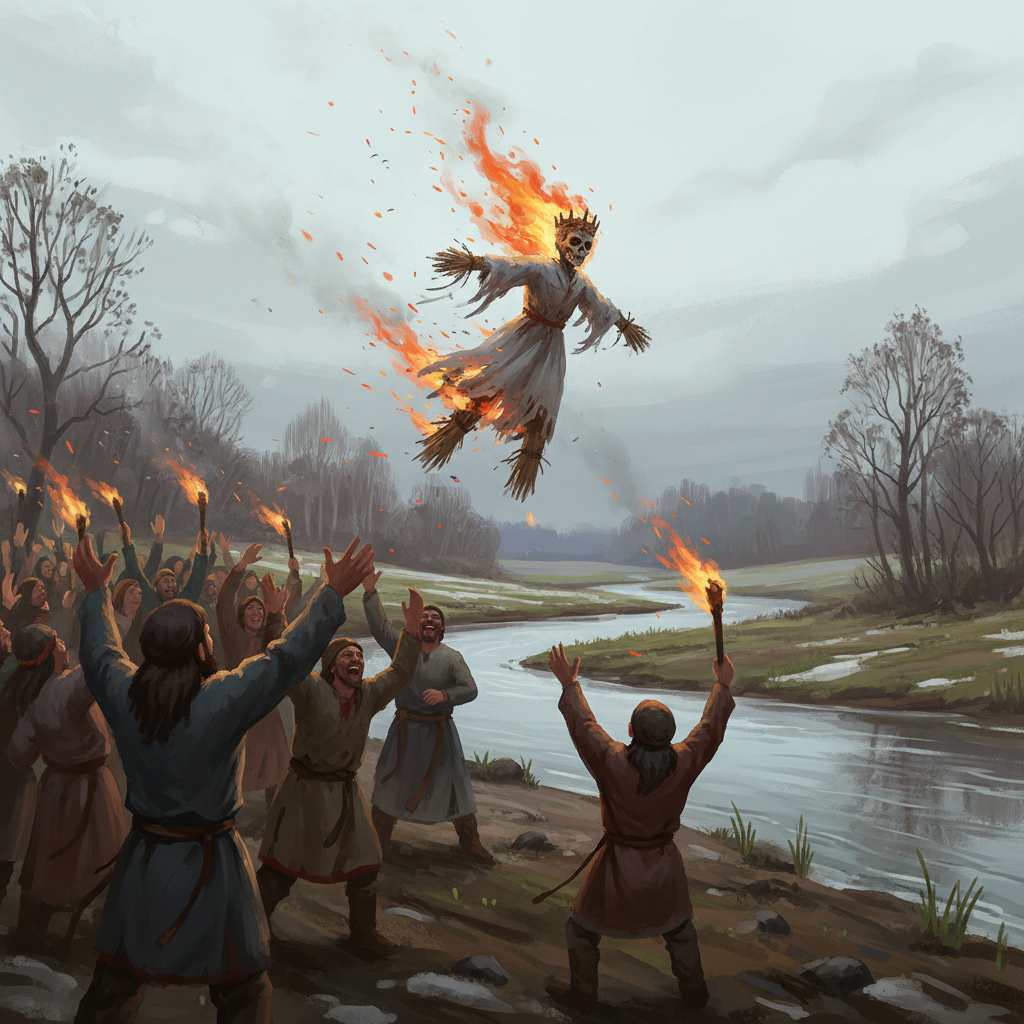 Drowning of Marzanna - Slavic Ritual The Marzanna straw effigy on fire being thrown into a river at spring equinox while villagers cheer on the bank, dramatic scene