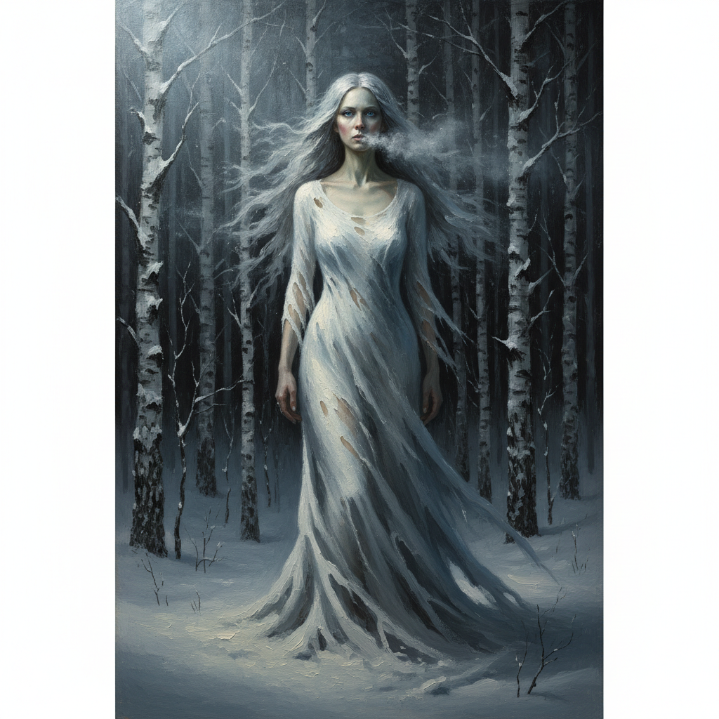 Marzanna - Slavic Winter Goddess Marzanna the Slavic goddess of winter as a pale woman in a torn white dress with ice-grey hair in a snowy birch forest, dark oil painting