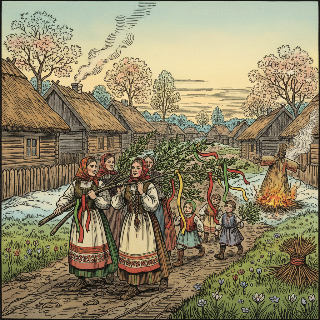 Spring Returns - Slavic Folk Custom The introduction of the green Lato spring branch into a Slavic village after the death of Marzanna, women carrying it, woodcut style