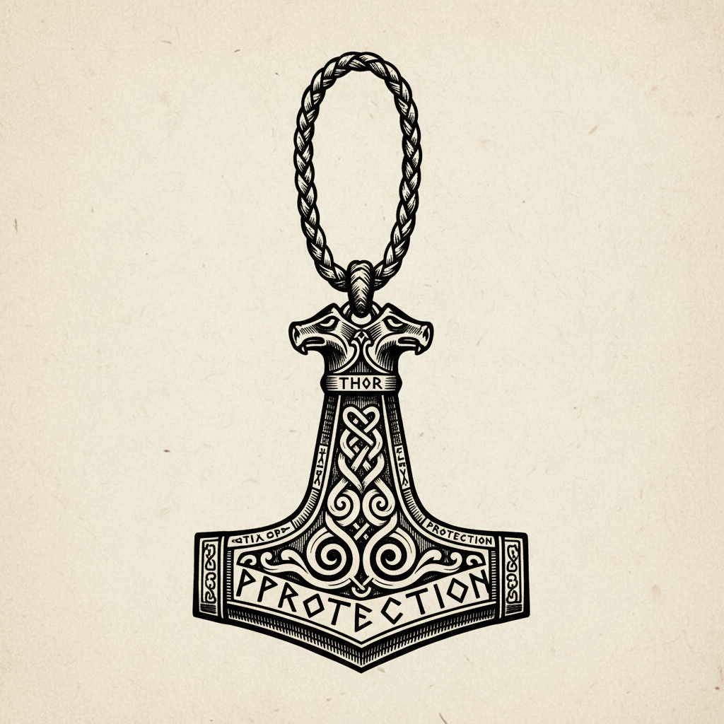 A Viking Mjolnir hammer pendant amulet on a leather cord with runic decoration, woodcut style