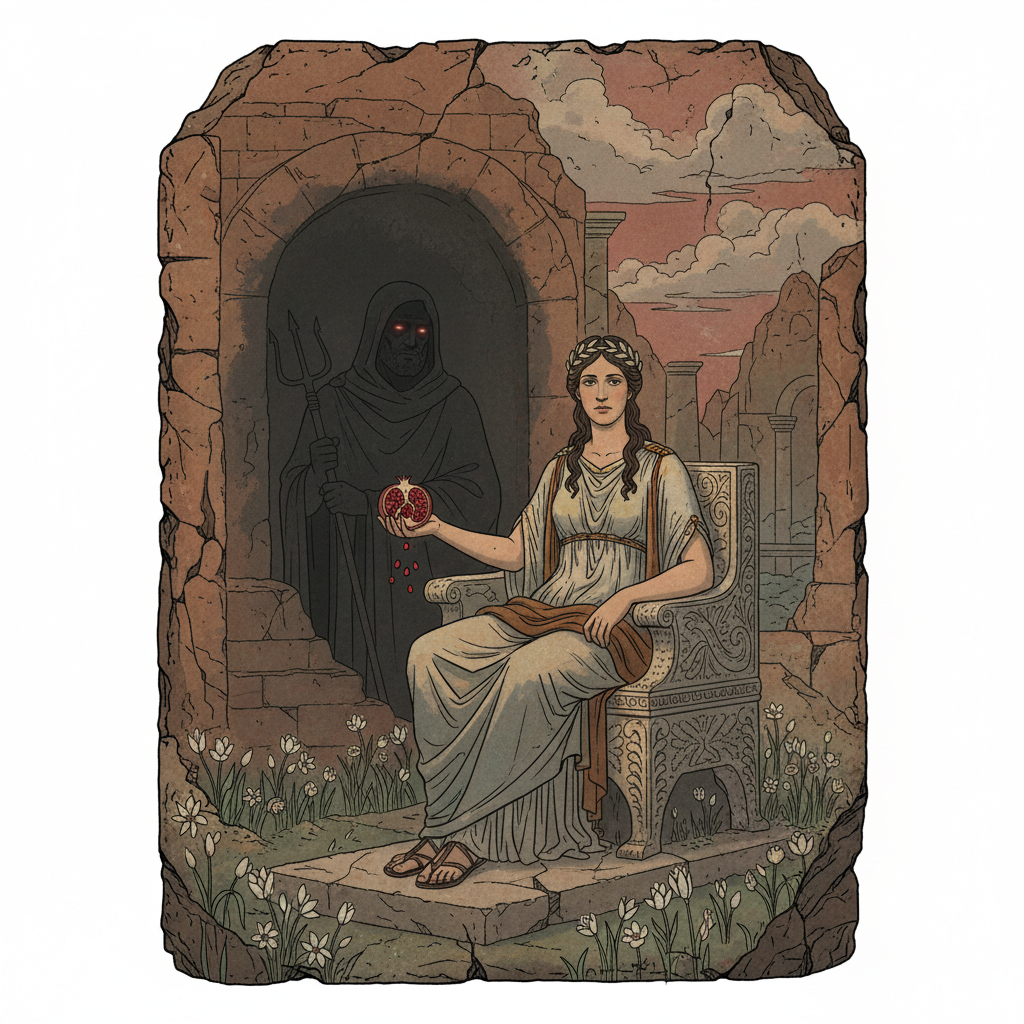 Persephone and the Pomegranate - Greek Mythology Persephone seated on her throne in the underworld holding a pomegranate with the seeds in her hand, fresco style