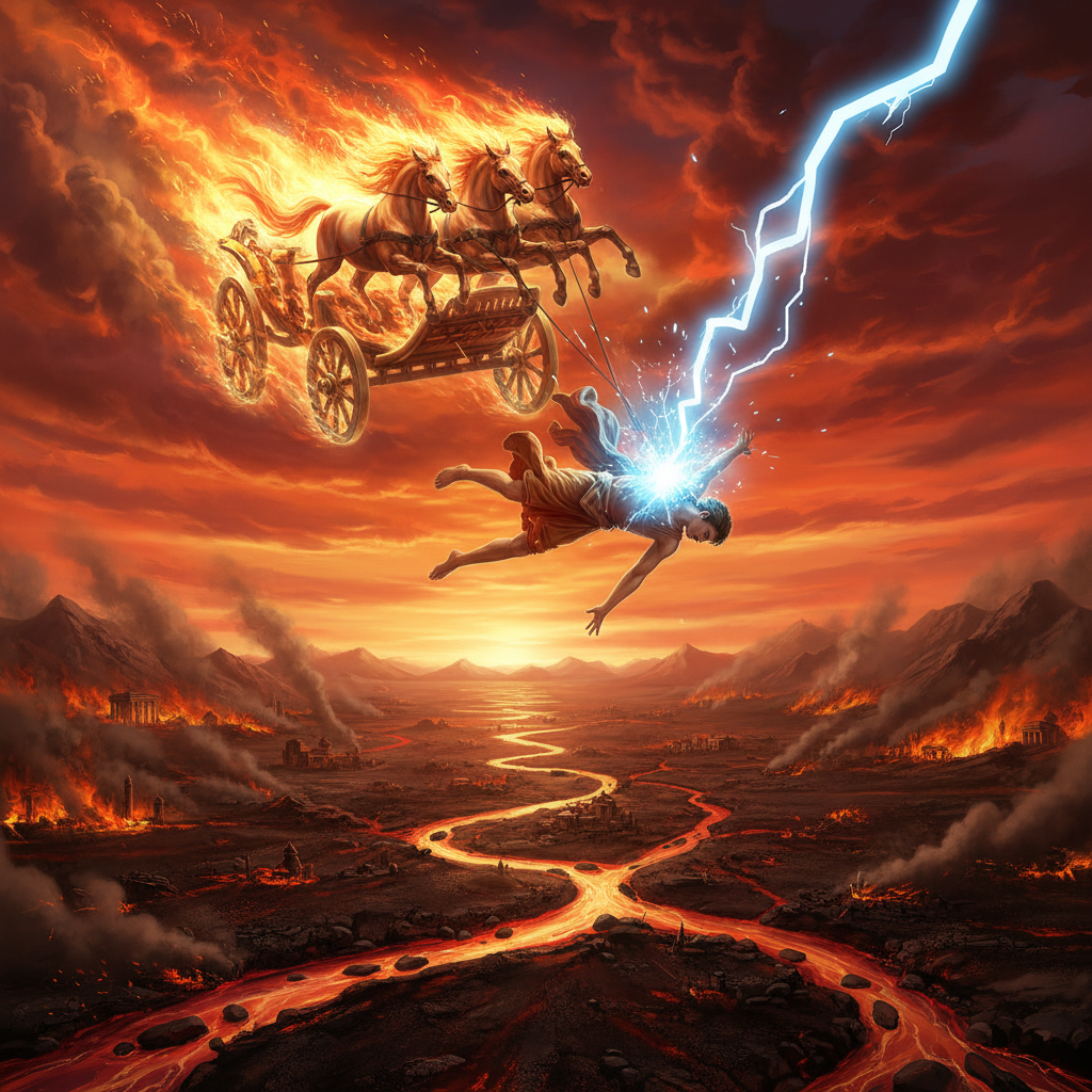 The Fall of Phaethon - Greek Mythology Phaethon falling from the sun chariot struck by Zeus's thunderbolt, the chariot careening across a burning sky over scorched earth