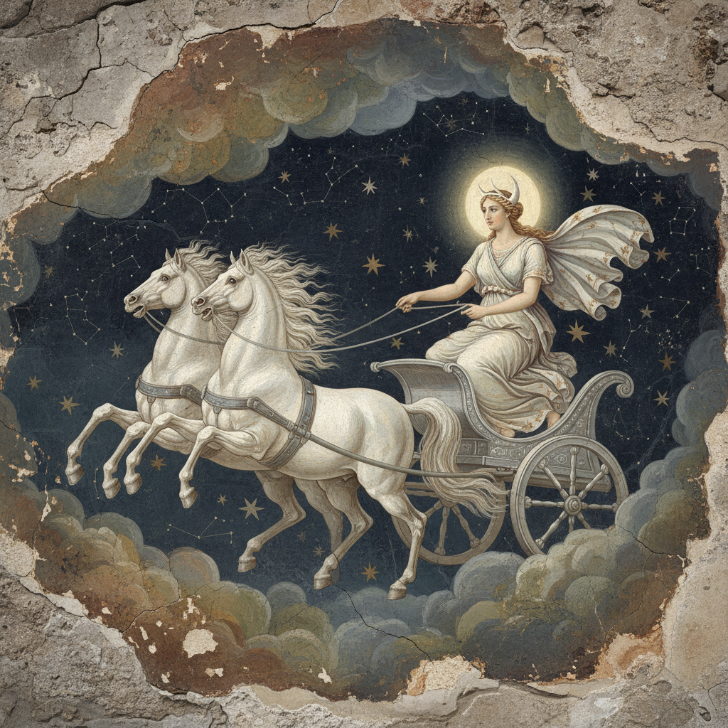 Selene the Greek moon goddess driving her silver chariot drawn by white horses across the night sky with crescent moon crown, fresco style