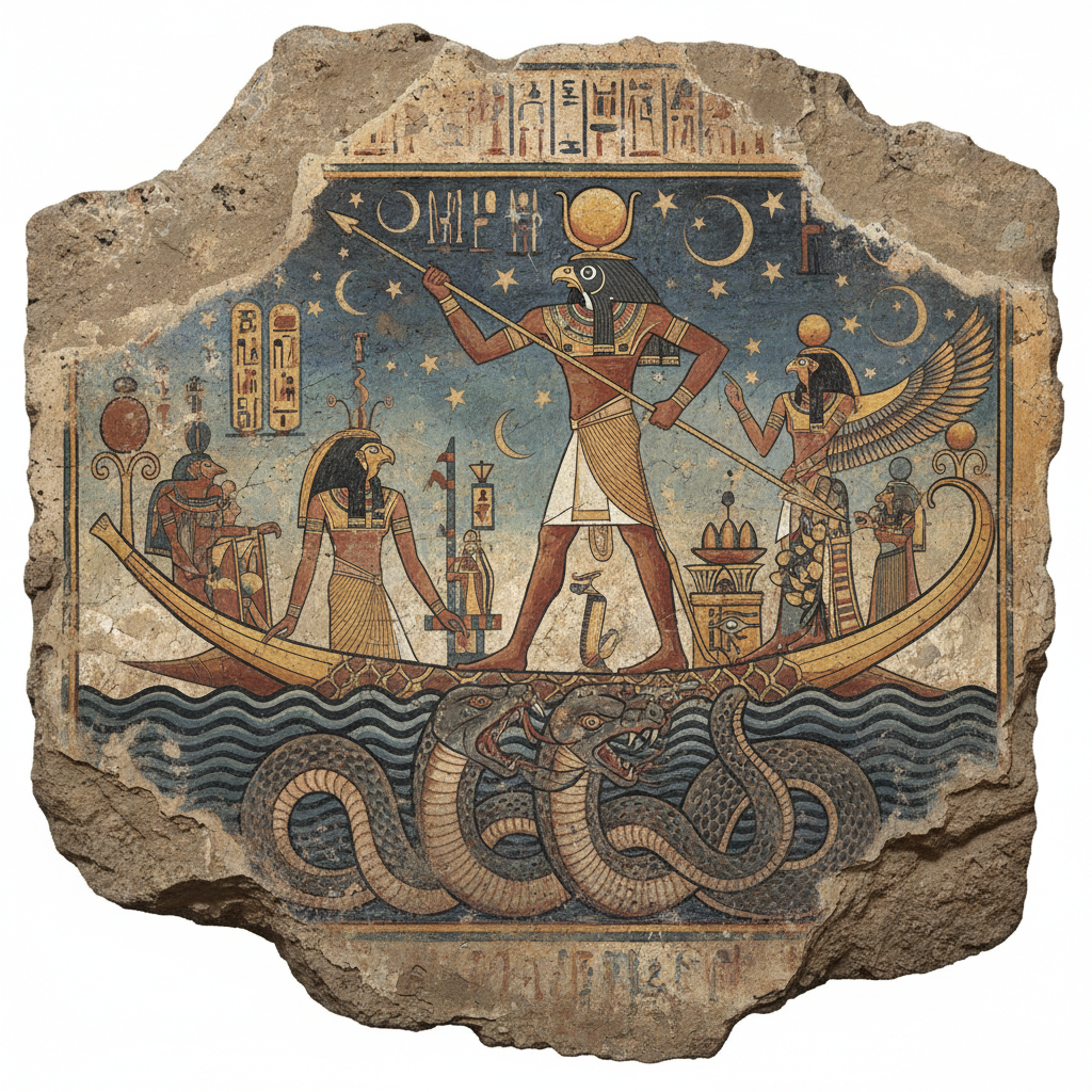 Set Defends the Sun Barque - Egyptian Mythology Set standing at the prow of Ra's solar barque hurling his spear at the chaos serpent Apophis in the underworld, fresco style