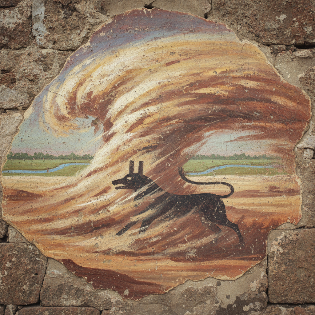 The Red Land of Set - Egyptian Mythology The Red Land desert of Egypt with sandstorm raging and Set animal visible in the swirling sand, fresco style