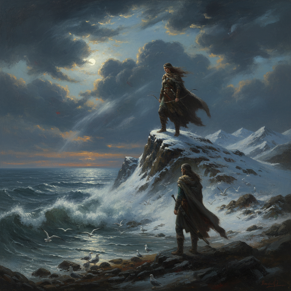 Skadi on a snowy mountain peak looking down toward Njord at the distant sea, the failed marriage of mountain and sea, dark oil painting