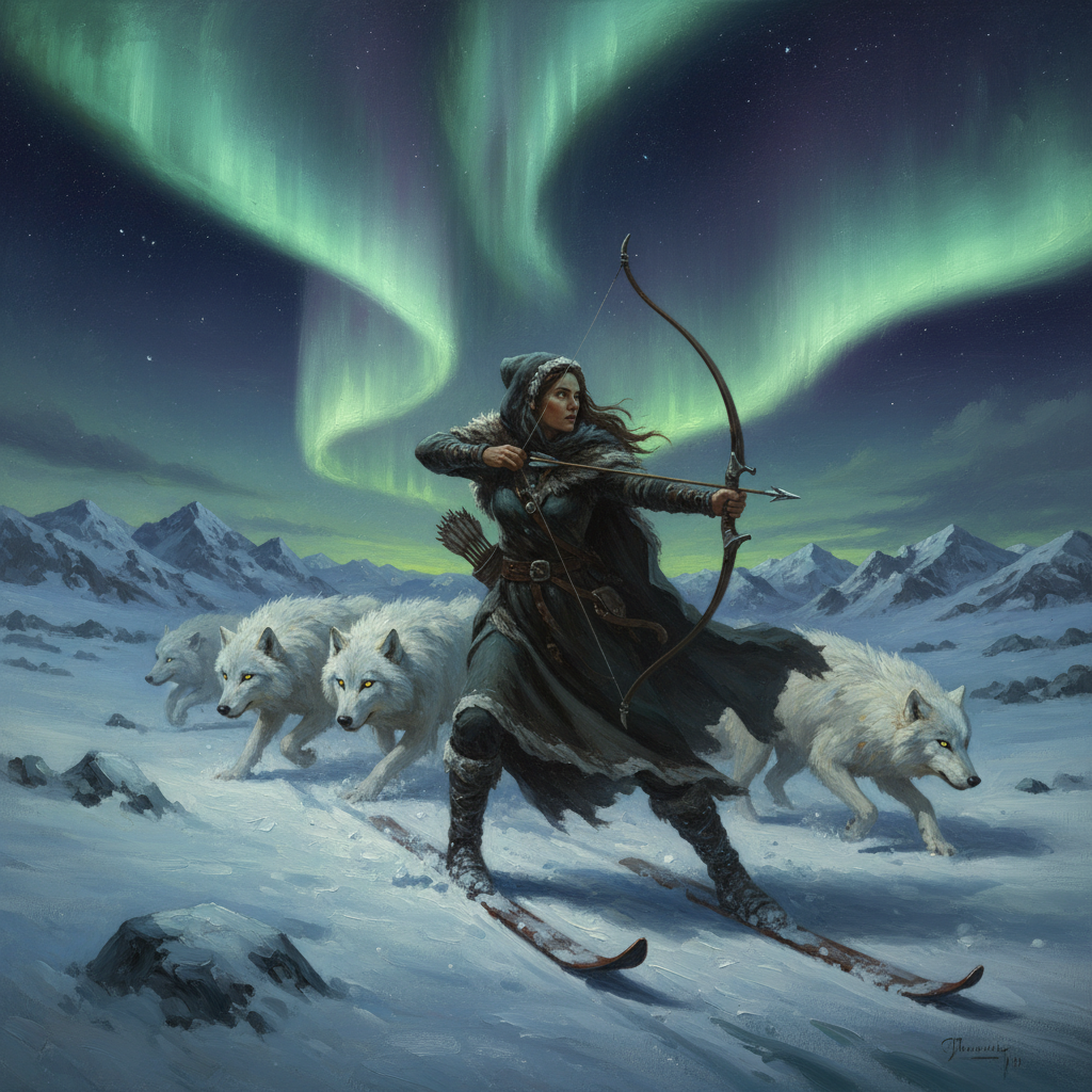 Skadi skiing across an arctic landscape under the aurora borealis hunting with her bow at night, dark oil painting