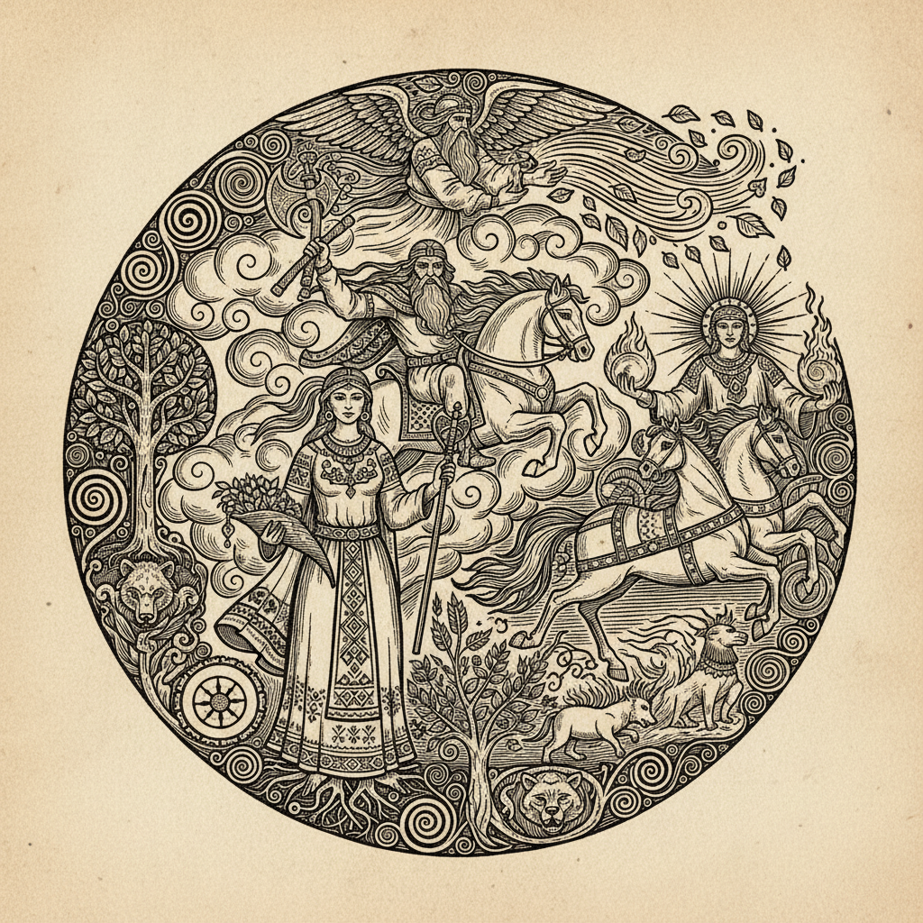 The Slavic Pantheon - Pre-Christian Mythology The Slavic pantheon: Perun the thunder god, Stribog the wind grandfather, Mokosh the mother goddess, Dazhbog the sun, woodcut style