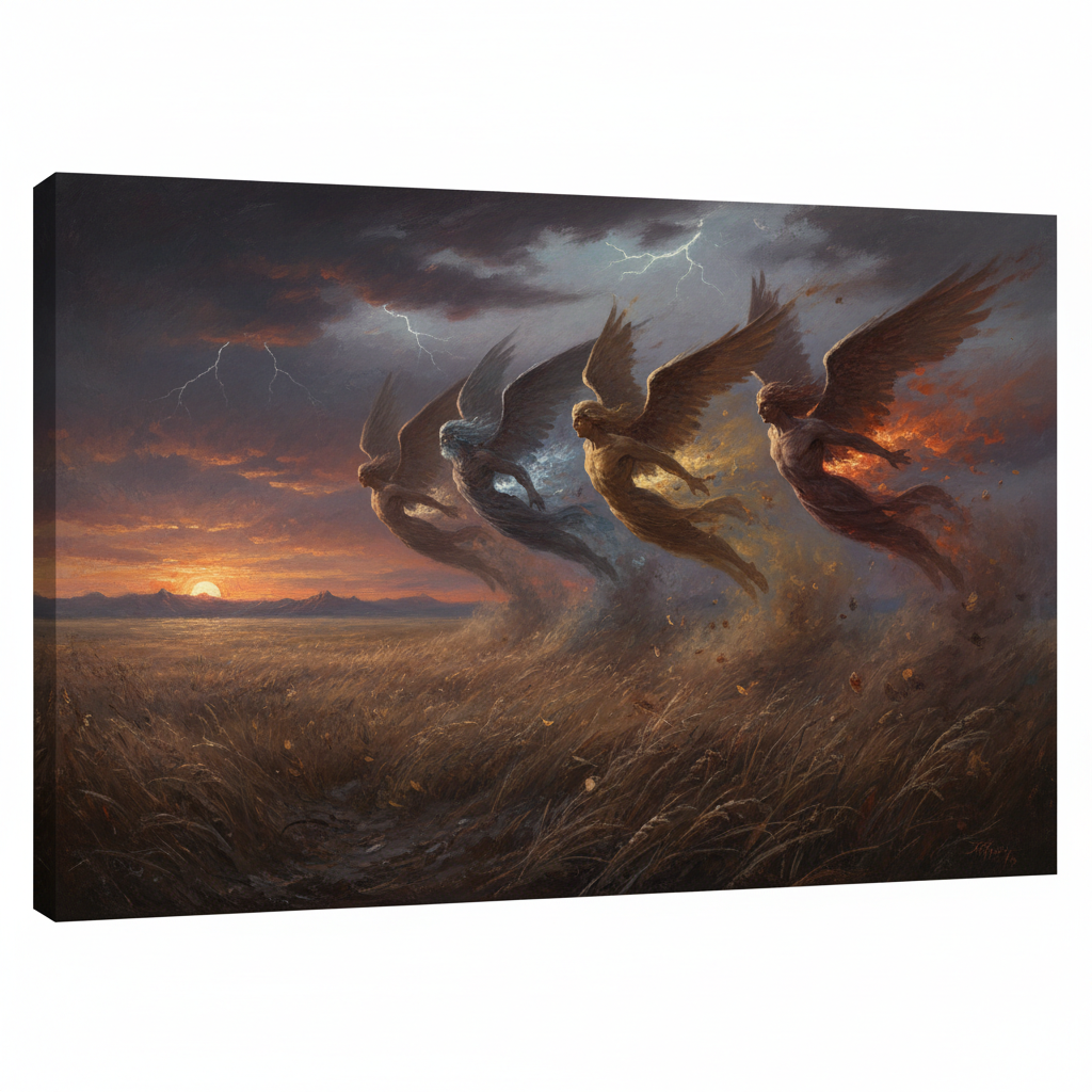 The Grandsons of Stribog - Slavic Folklore The four winged grandsons of Stribog the Slavic wind grandfather sweeping across the steppe at twilight, dark oil painting