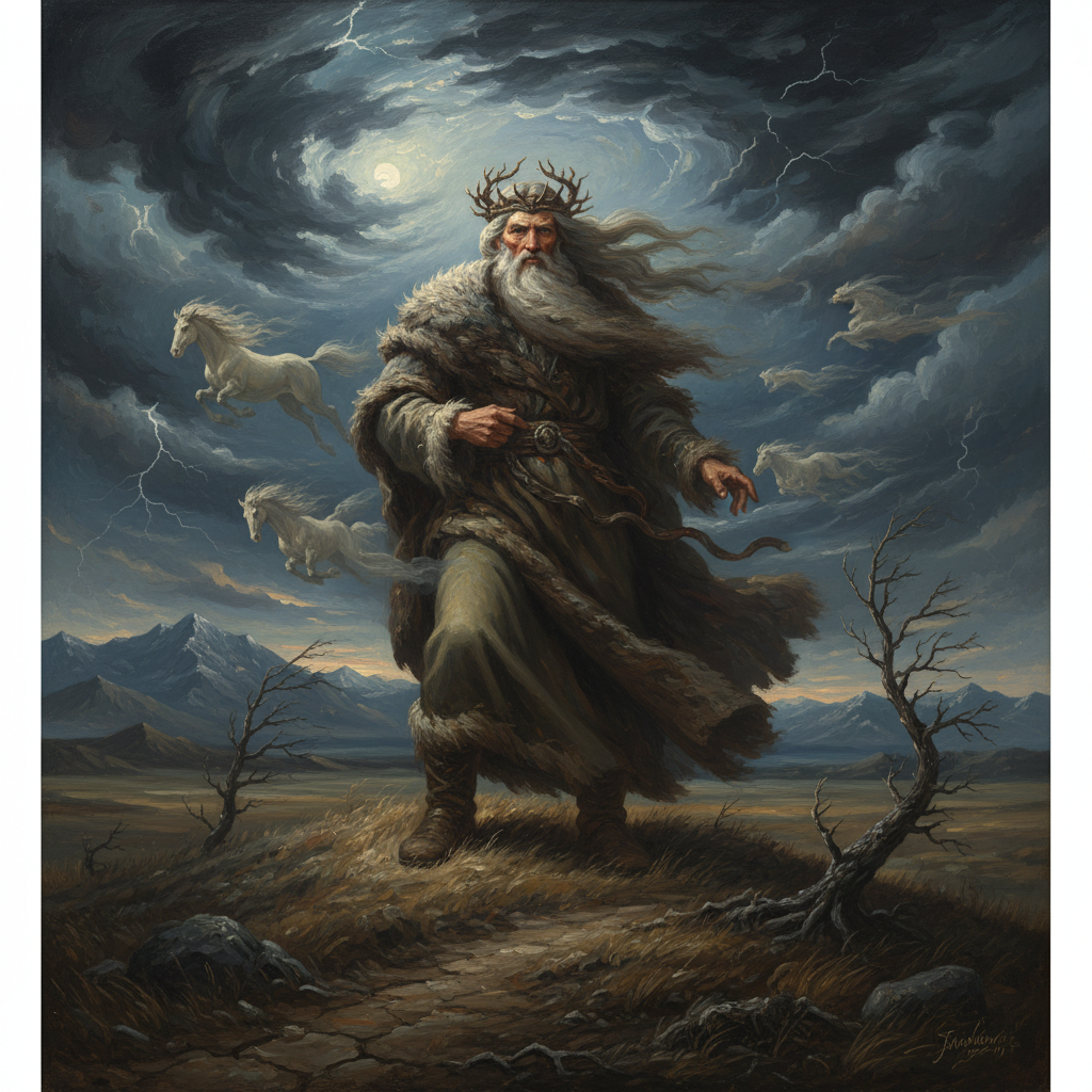 Stribog - Slavic Wind Grandfather Stribog the Slavic wind god as a bearded patriarchal figure with flowing grey hair in the steppe wind, dark oil painting