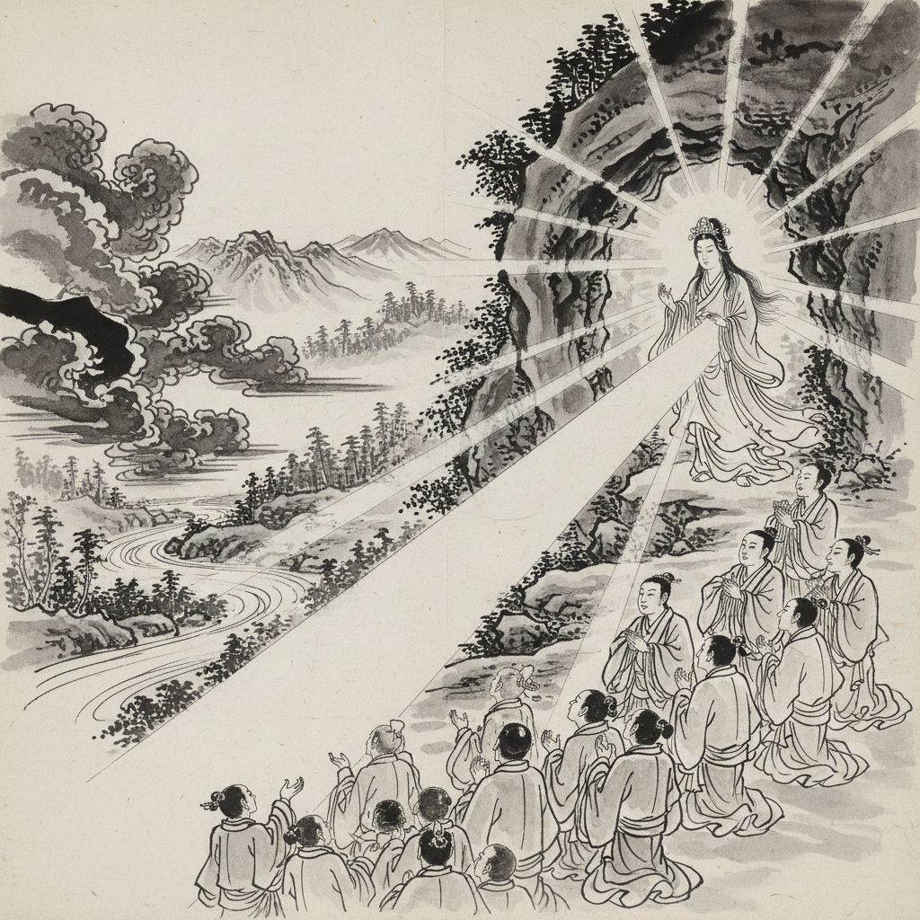 Amaterasu Emerging from the Cave Amaterasu the Japanese sun goddess emerging from a cave with light flooding the world, sumi-e ink wash style