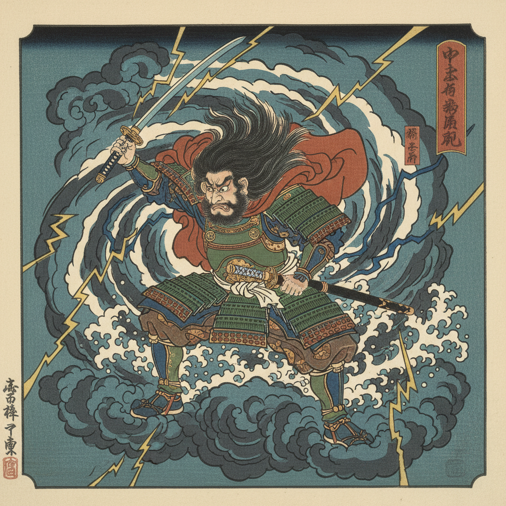 Susanoo - Japanese Storm Kami Susanoo the Japanese storm kami in fierce expression standing on stormy clouds with divine sword raised, ukiyo-e style