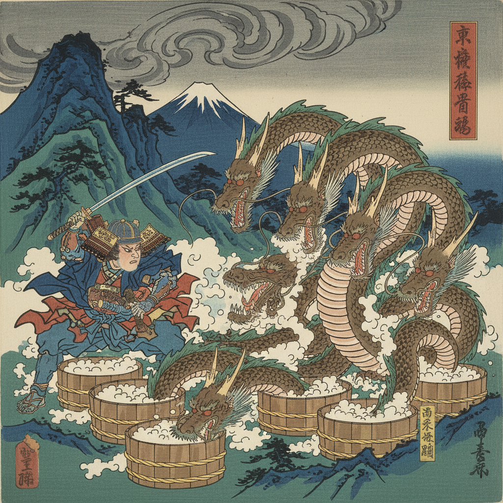 Susanoo Slays Yamata-no-Orochi Susanoo battling the eight-headed dragon Yamata-no-Orochi with eight tubs of sake among the falling serpent heads, ukiyo-e style
