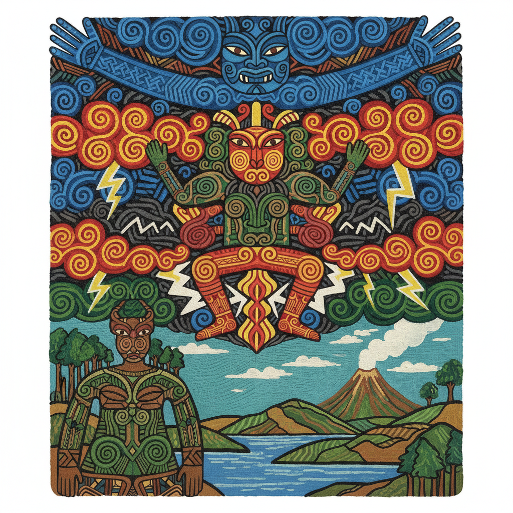 Tawhirimatea the Maori storm atua in the sky between sky father and earth mother with raging storm clouds and lightning, Maori art style