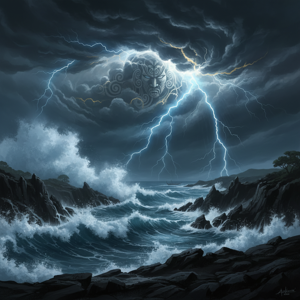 A great storm raging over the coast of Aotearoa with massive waves and lightning, Tawhirimatea's face suggested in clouds