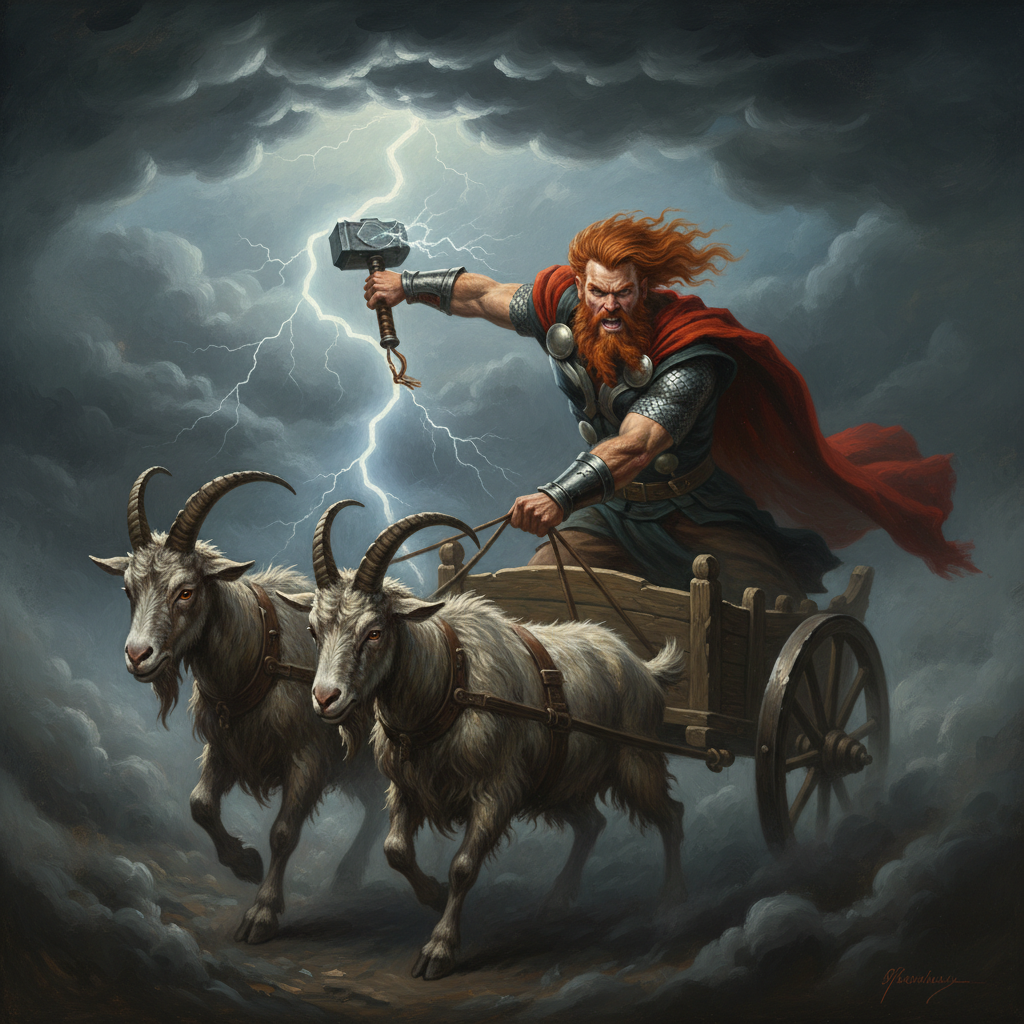 Thor the Norse thunder god with red hair swinging Mjolnir with iron gauntlets, lightning splitting the sky, dark oil painting