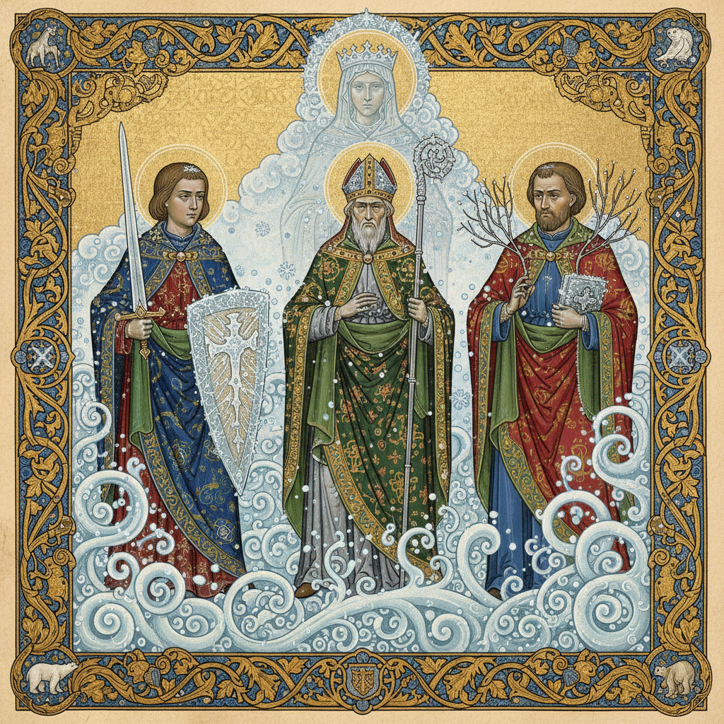The Three Ice Saints - European Folklore The Three Ice Saints Pancratius Servatius and Bonifatius as medieval saints in robes with ice and frost iconography, illuminated manuscript style