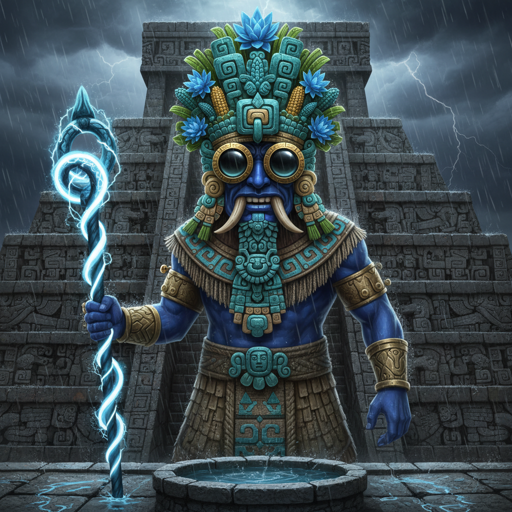 Tlaloc - Aztec Rain God Illustration Tlaloc the Aztec rain god with goggle eyes, curved fangs, blue skin, crown of water lilies, holding a lightning serpent