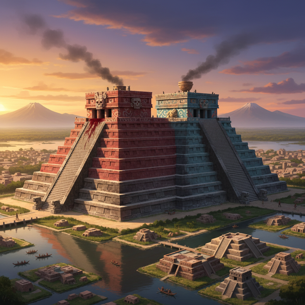 Templo Mayor - Tlaloc and Huitzilopochtli The Templo Mayor in Tenochtitlan with twin temples to Tlaloc and Huitzilopochtli atop the great pyramid, lake city below