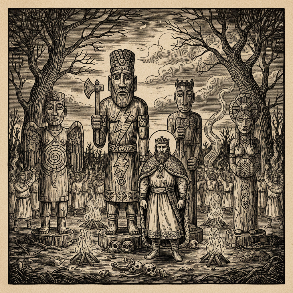 Vladimir's Pagan Idols - Kievan Rus Prince Vladimir of Kievan Rus before the six wooden pagan idols including Perun and Stribog set up in Kiev in 980 CE, woodcut style