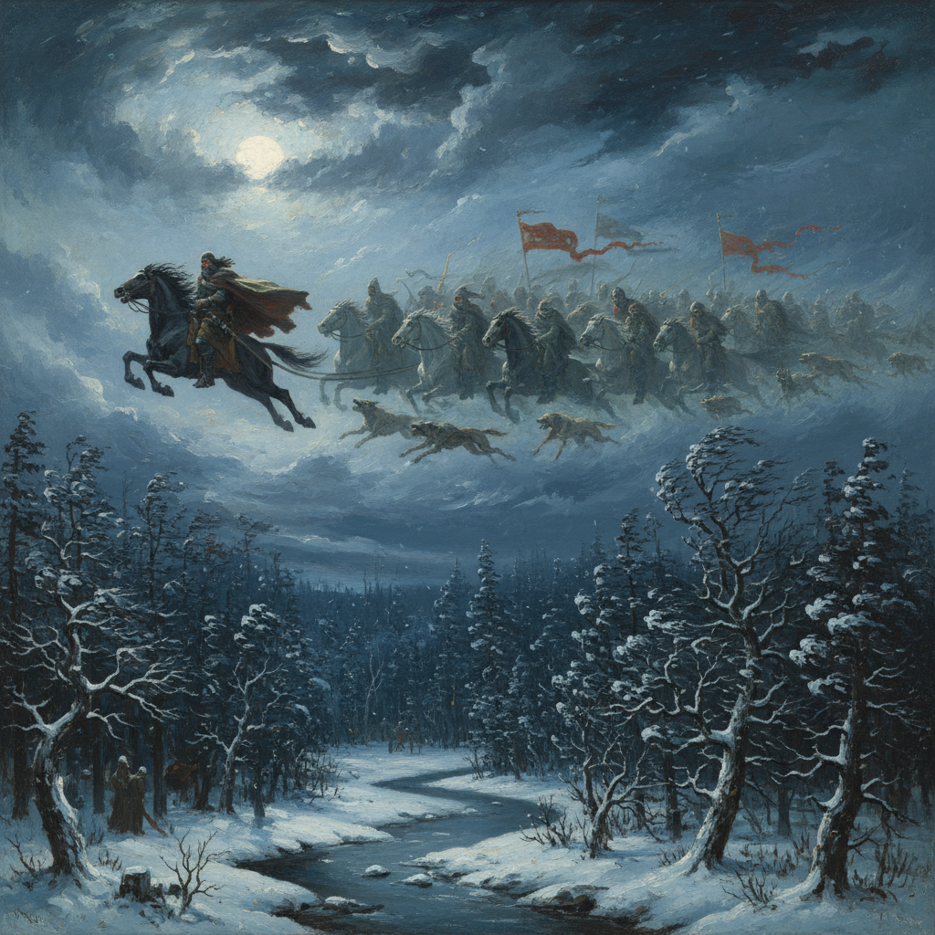 Odin Leads the Wild Hunt Odin on Sleipnir leads ghostly riders and hounds of the Wild Hunt across a stormy winter sky over a moonlit forest, dark oil painting