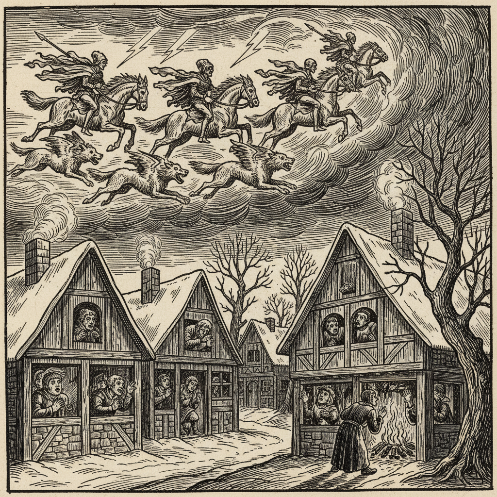 Wild Hunt at Yule - Germanic Folklore Medieval German village at Yule with the Wild Hunt passing overhead and villagers peering out windows, woodcut style